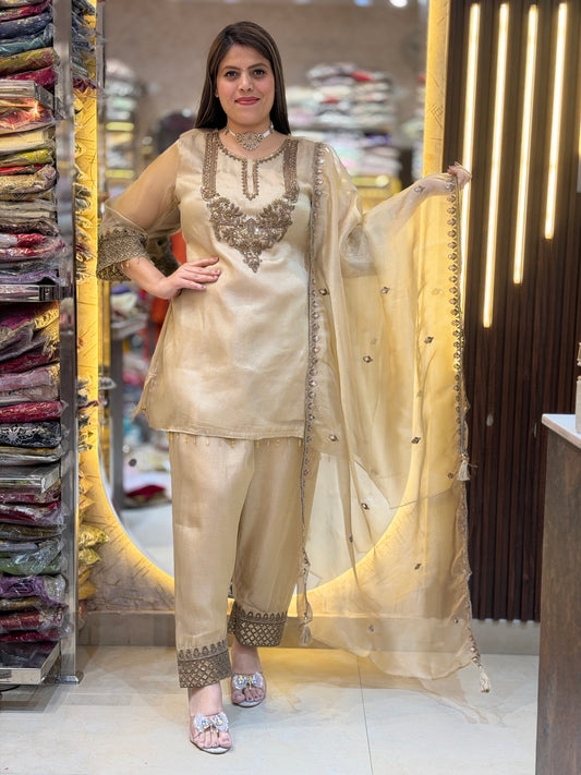 IVORY PURE RUSSIAN SILK FARSHI SALWAR SUIT WITH ANTIQUE HANDWORK