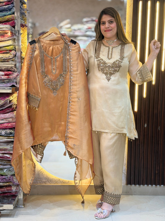 RUST PURE RUSSIAN SILK FARSHI SALWAR SUIT WITH ANTIQUE HANDWORK
