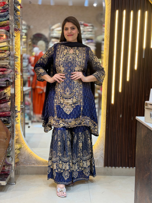 PURE CREPE NAVY BLUE C-CUT SUIT WITH HANDWORD