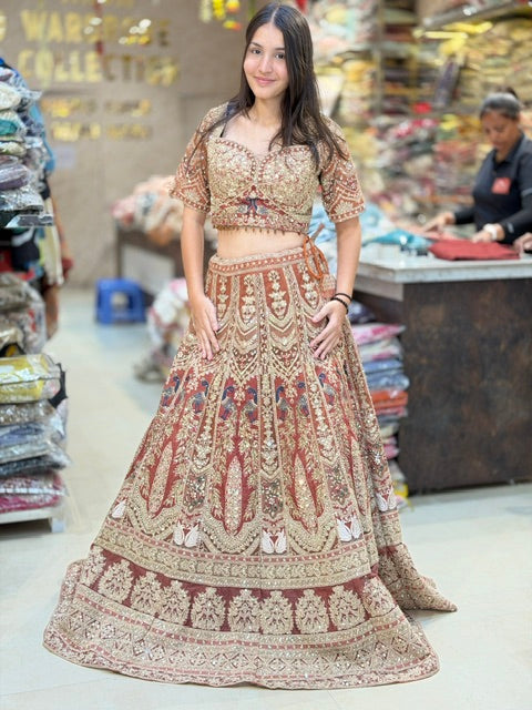 RUST FUL ORIGNAL MIRROR AND TILLA WORK DESIGNER SABIYA SANCHI LEHENGA