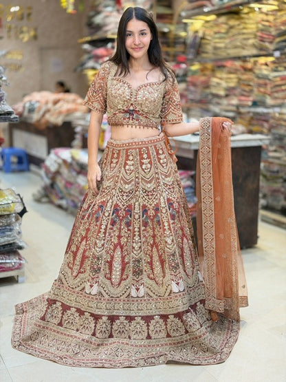RUST FUL ORIGNAL MIRROR AND TILLA WORK DESIGNER SABIYA SANCHI LEHENGA