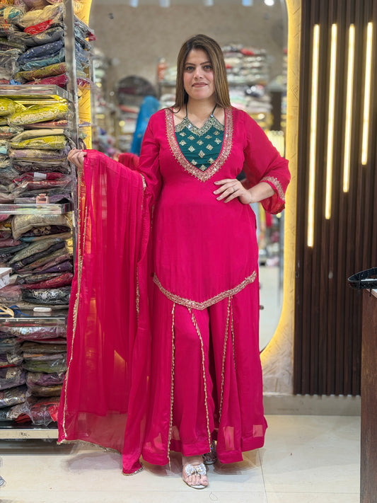 HOT PINK WITH GREEN NECK DESIGN SUIT