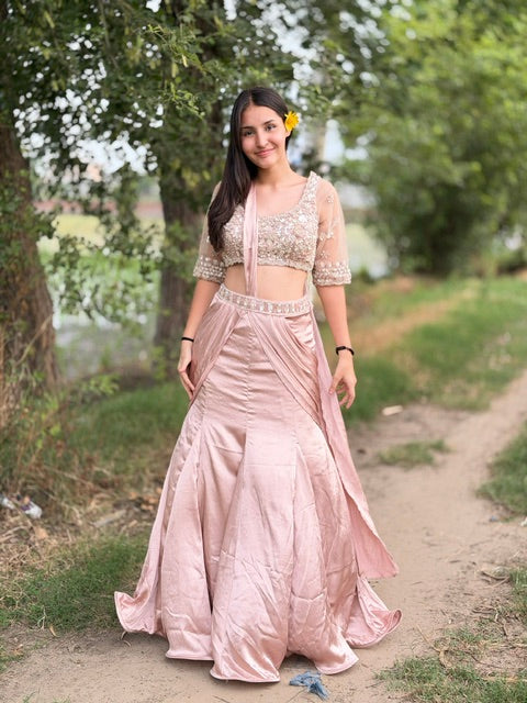 NUDE PINK SHORT TOP FULL PEARL WORK FISHCUT DESIGN LEHENGA