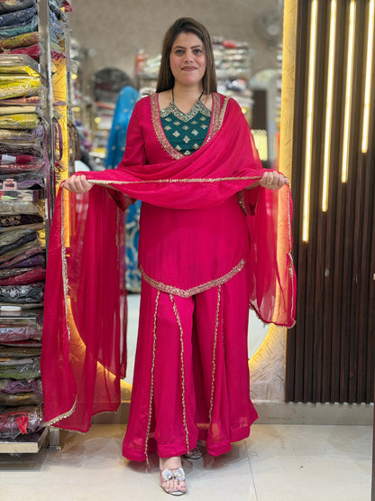HOT PINK WITH GREEN NECK DESIGN SUIT