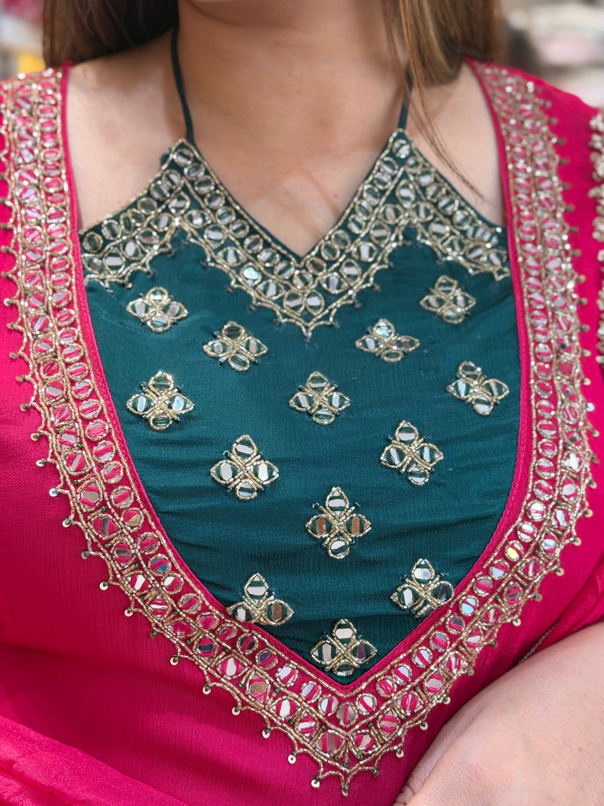 HOT PINK WITH GREEN NECK DESIGN SUIT