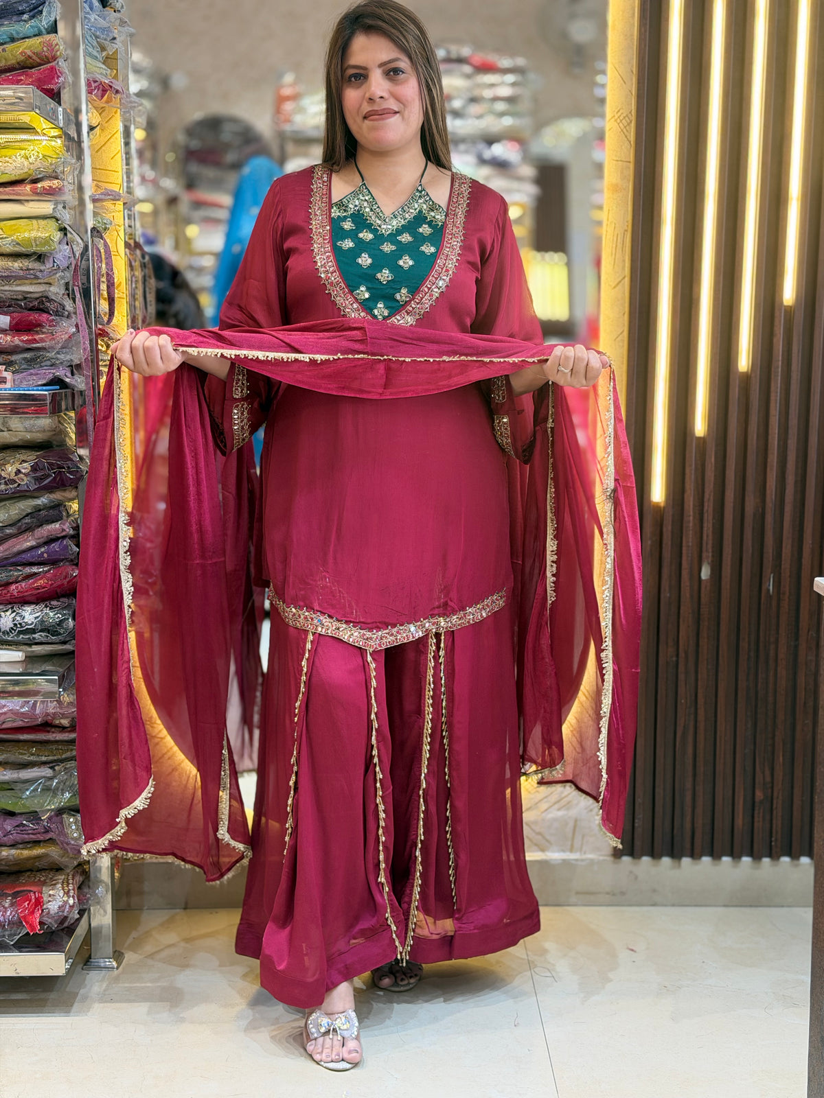 MEHROON WITH GREEN NECK DESIGN SUIT