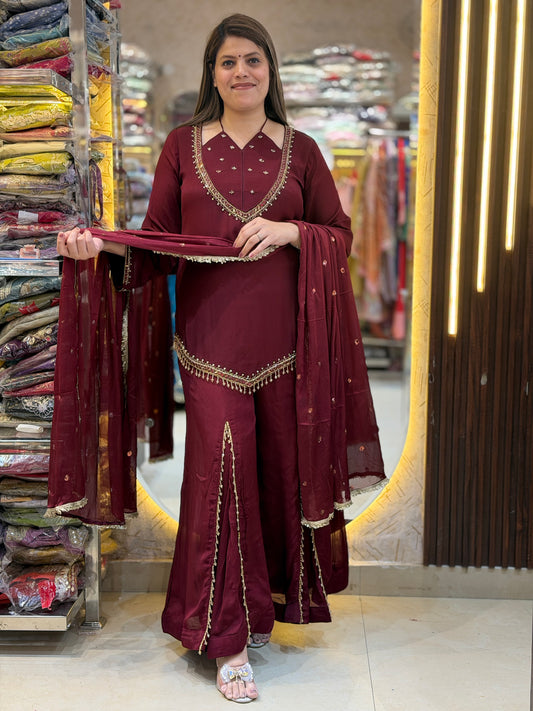 MEHROON NECK DESIGN WITH KASHMIRI PLAZO WORK SUIT
