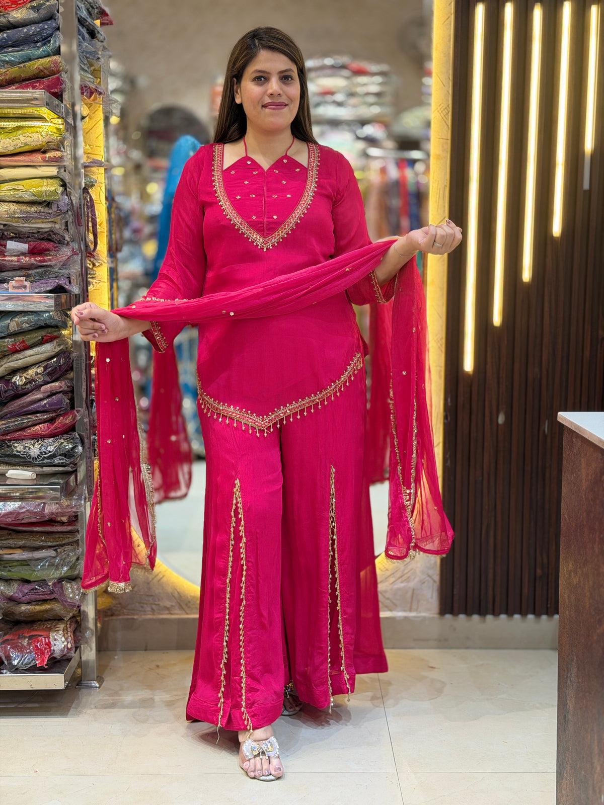 HOT PINK NECK DESIGN WITH KASHMIRI PLAZO WORK SUIT