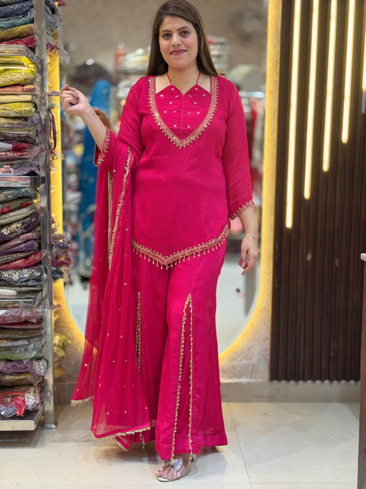 HOT PINK NECK DESIGN WITH KASHMIRI PLAZO WORK SUIT