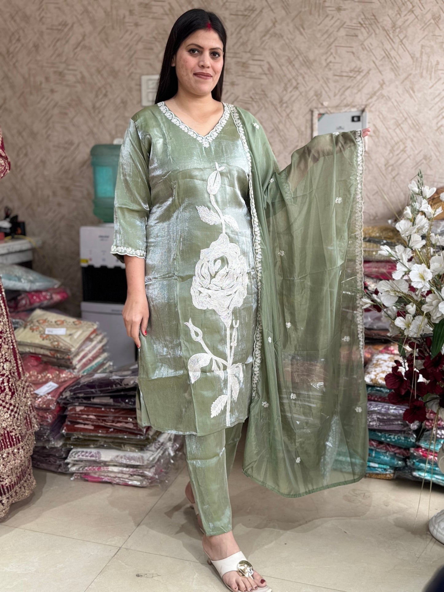 WHITE THREAD WORK RUSHIAN SILK BEAUTIFUL SUIT