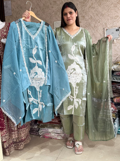 WHITE THREAD WORK RUSHIAN SILK BEAUTIFUL SUIT