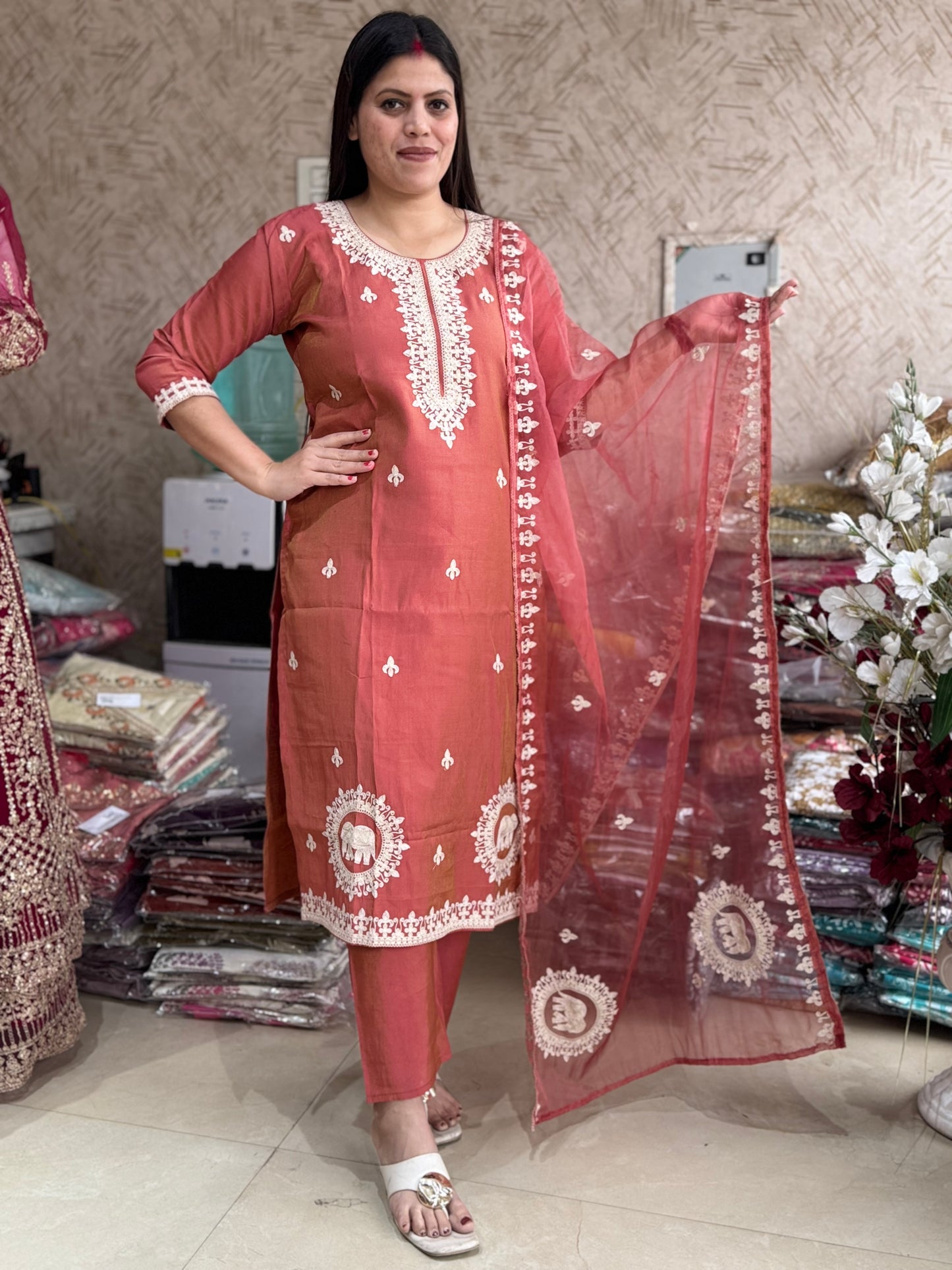 RUSSIAN SILK WHITE EMBROIDED AARI WORK ELEPHANT DESIGN SUIT