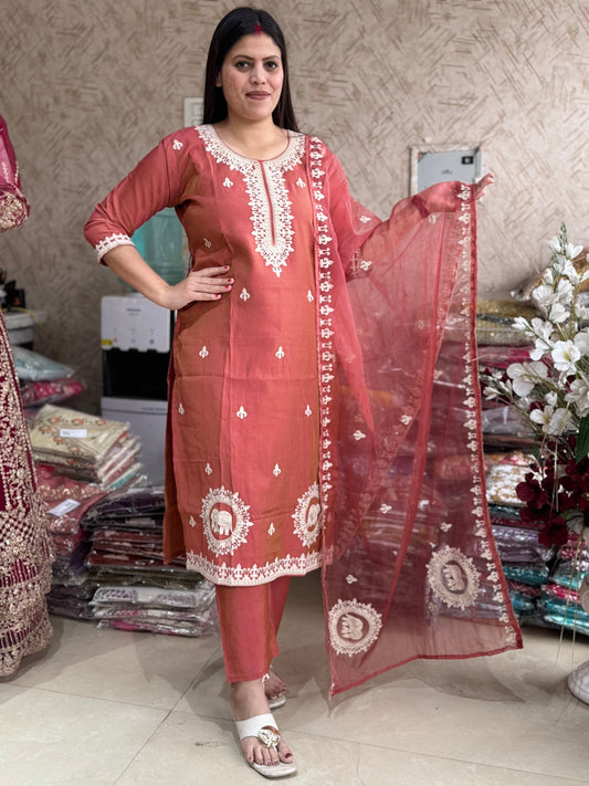 RUSSIAN SILK WHITE EMBROIDED AARI WORK ELEPHANT DESIGN SUIT