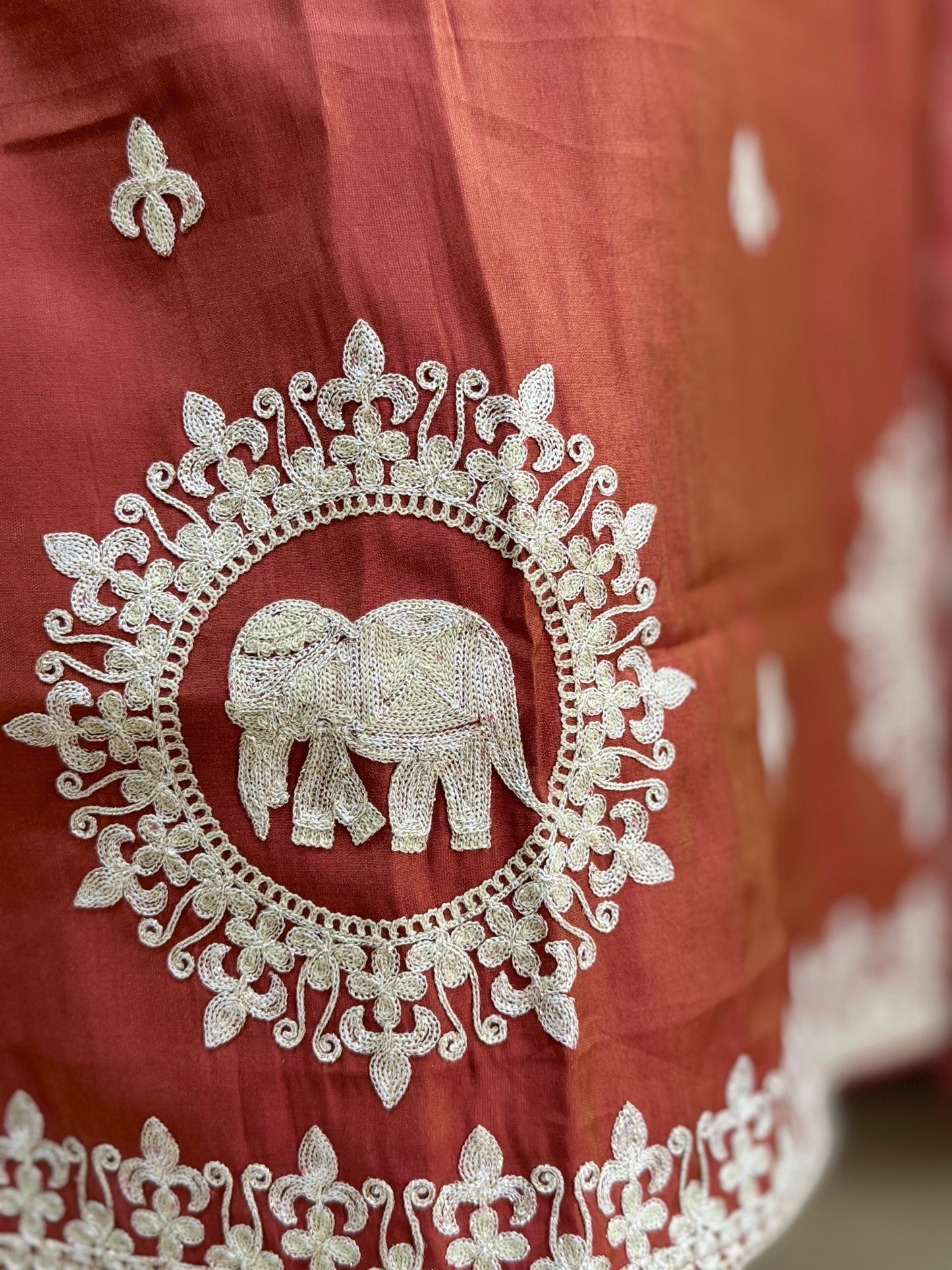 RUSSIAN SILK WHITE EMBROIDED AARI WORK ELEPHANT DESIGN SUIT