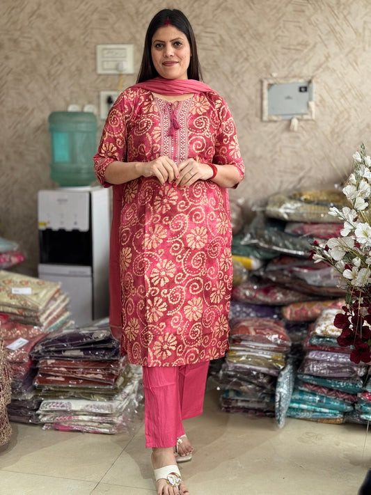Carrot Modal Cotton Suit With Thread Work On Neck