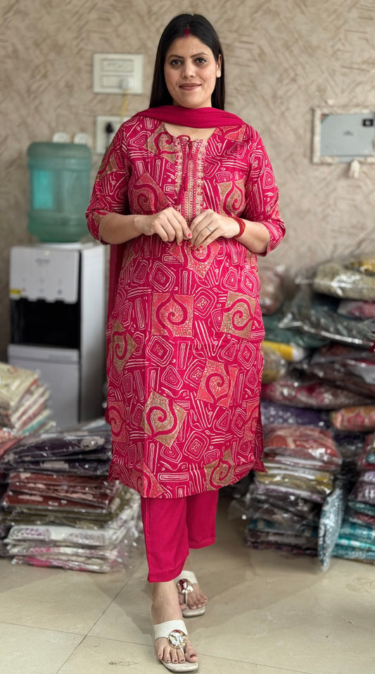Modal Cotton Suit With Thread Work On Neck