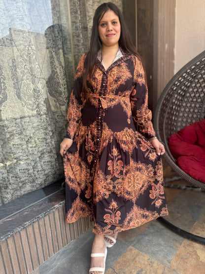 Digital Print Maxi Dress With Belt(011)