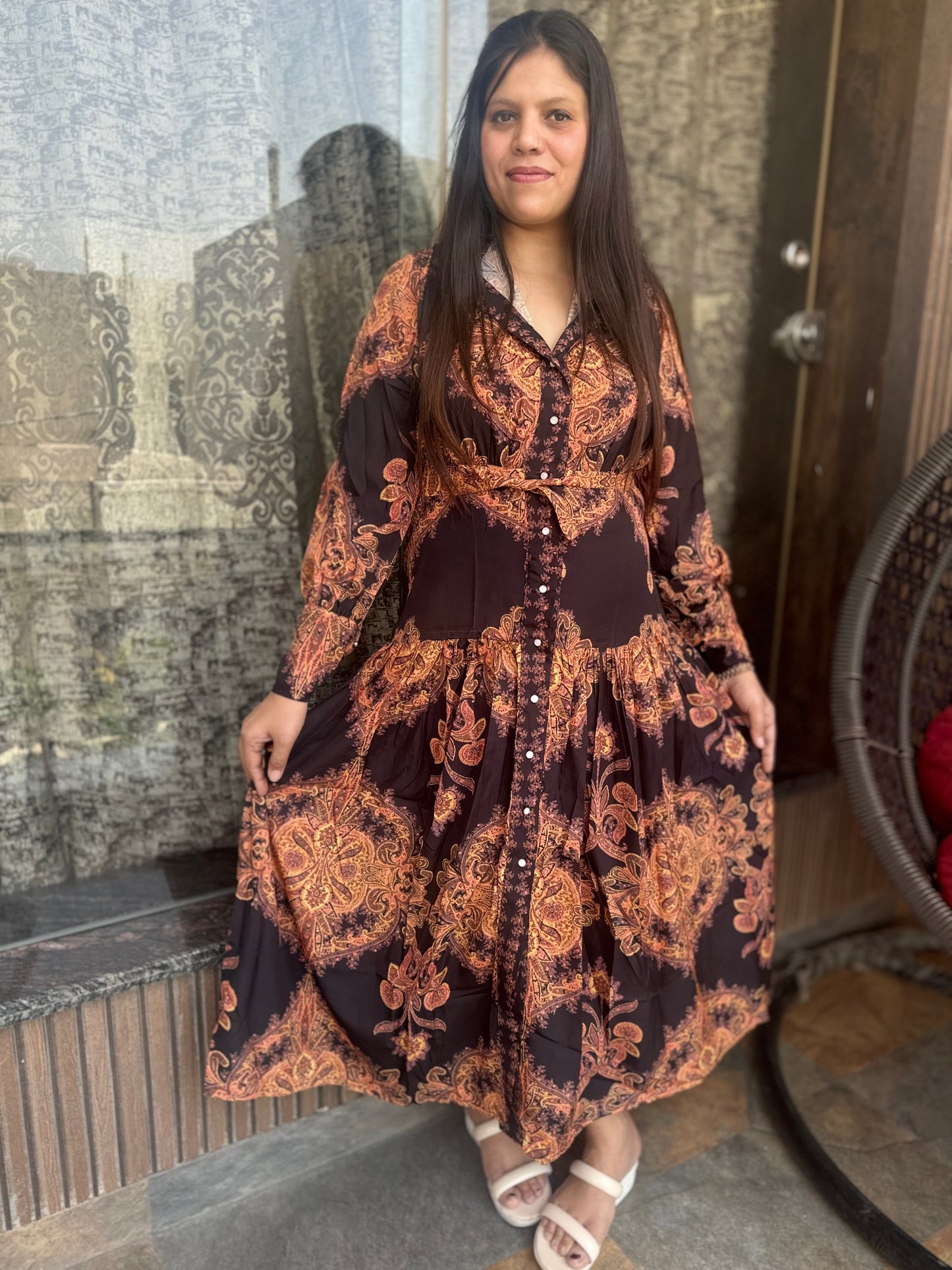 Digital Print Maxi Dress With Belt(011)