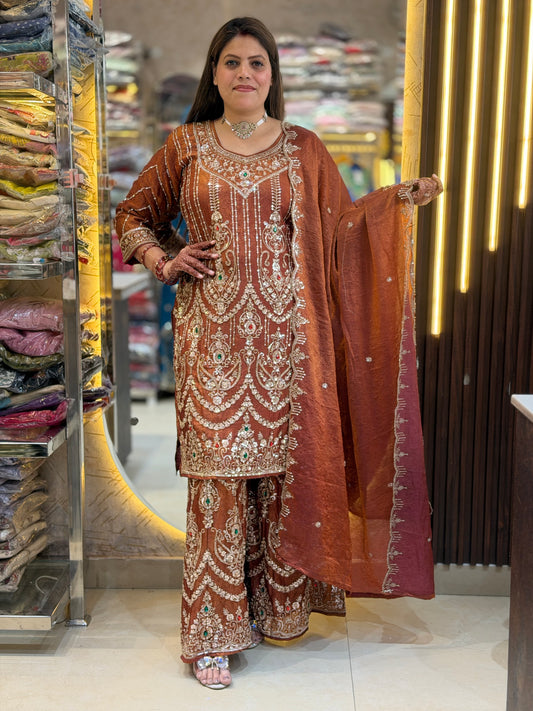 RUSTY FULLY RUBY CONE HAND WORK PAKISTANI DESIGNER PLAZO