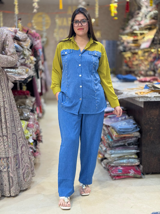 DENIM COTTON DUAL SHADE TOP WITH BEAUTIFUL PANT CORDSET