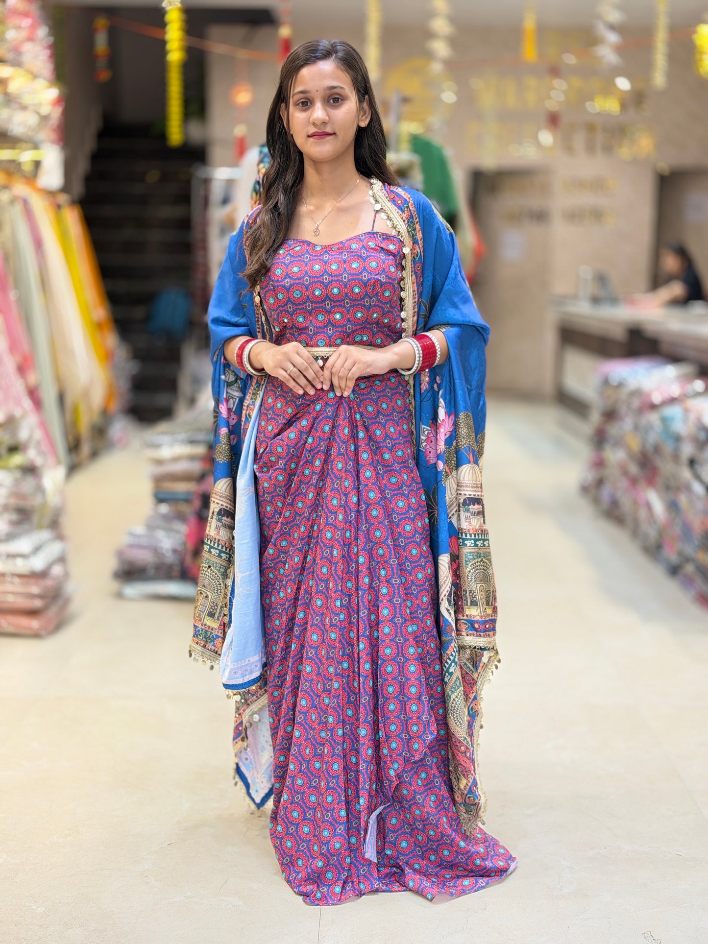 ELEGANT CROPE TOP LACHA SKIRT WITH CAPE DRESS