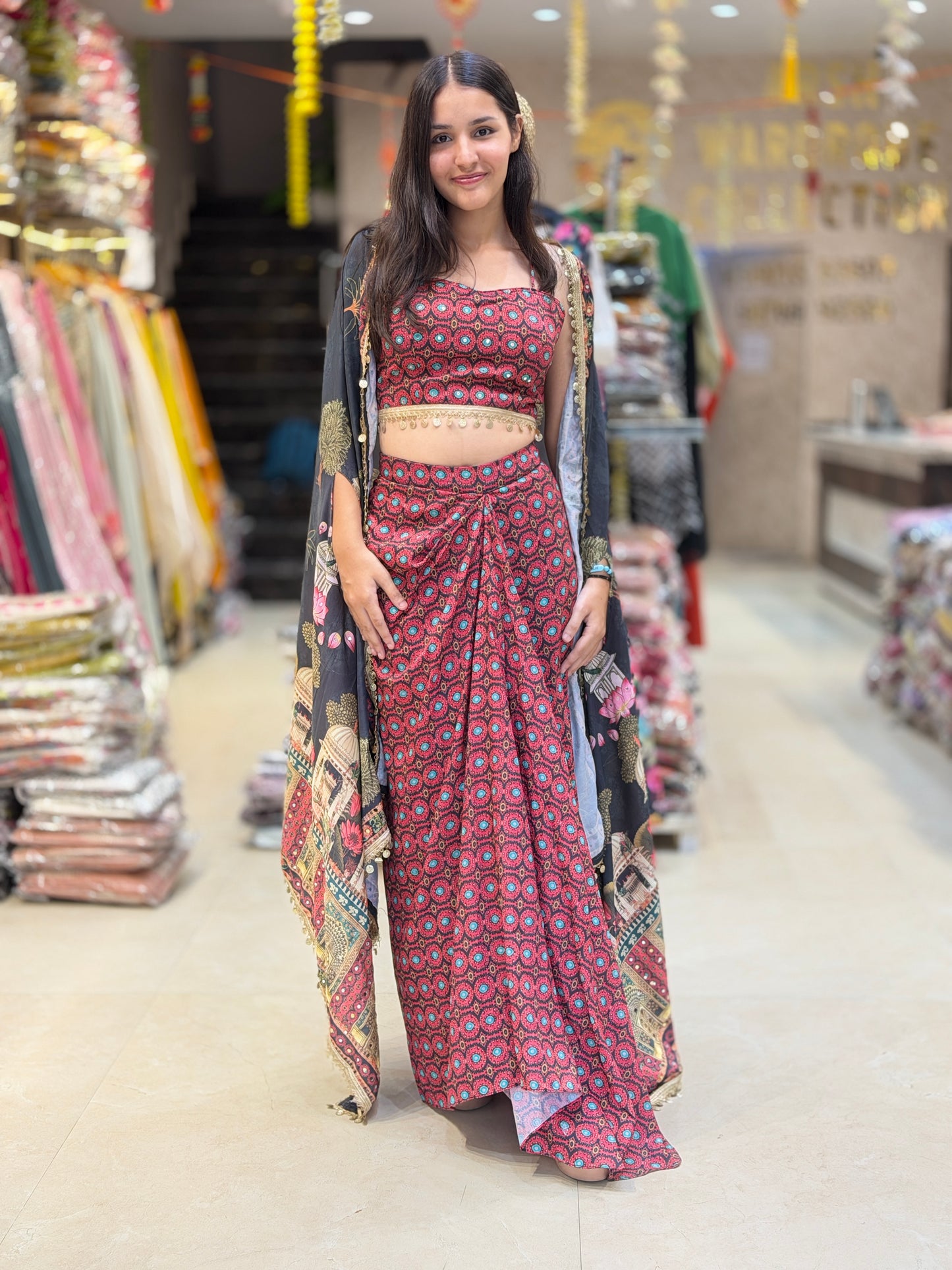 ELEGANT CROPE TOP LACHA SKIRT WITH CAPE DRESS