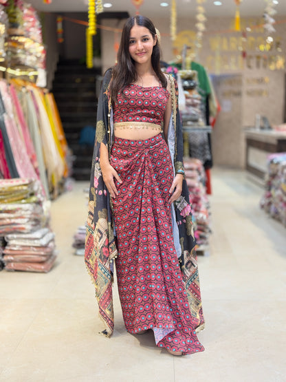 ELEGANT CROPE TOP LACHA SKIRT WITH CAPE DRESS