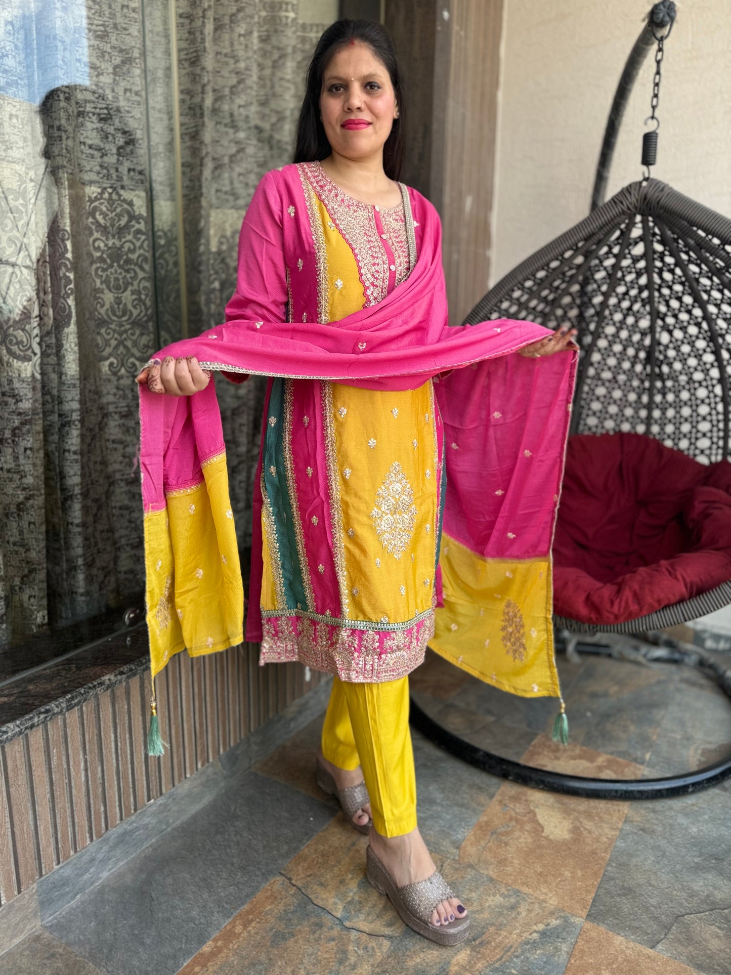 Elegant Party Wear 3 Piece Chinon Suit (Style No 1111)