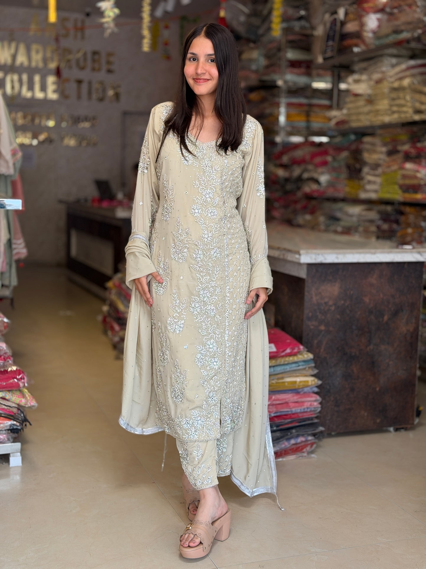 IVORY PURE FABRIC PEARL WORK HANDWORK SUIT