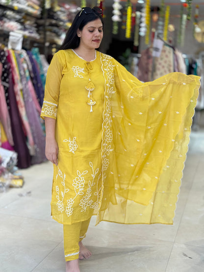 Indian Organza Suit Yellow And Hot Pink With Tassels (P6AL0003)