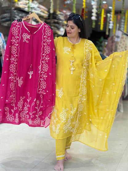 Indian Organza Suit Yellow And Hot Pink With Tassels (P6AL0003)