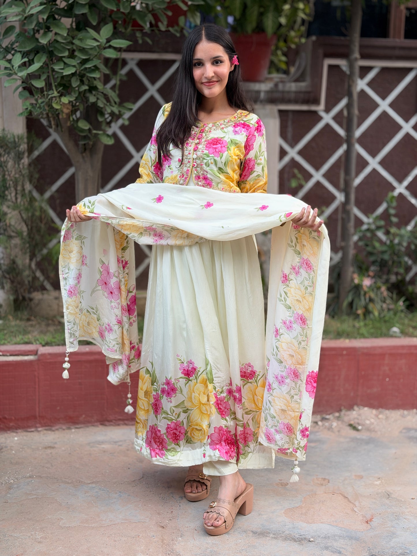 Yellow and White Stylish Chinon Anarkali Cum Gown with Jacket (4 pc set)