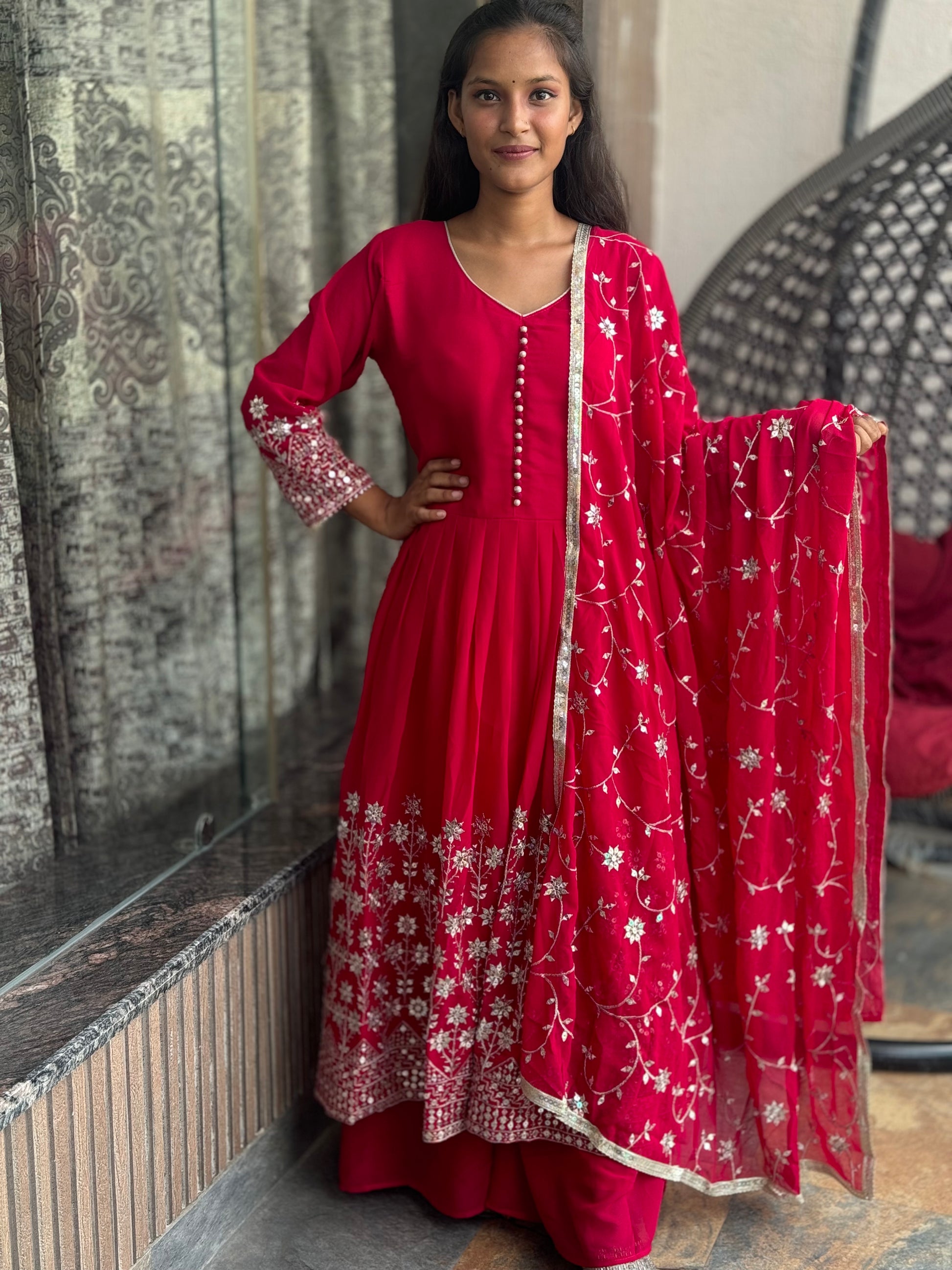 hot pink anarkali dress Hot Pink Silk Anarkali Gown Featuring Bandhani Prints and Embroidery, M