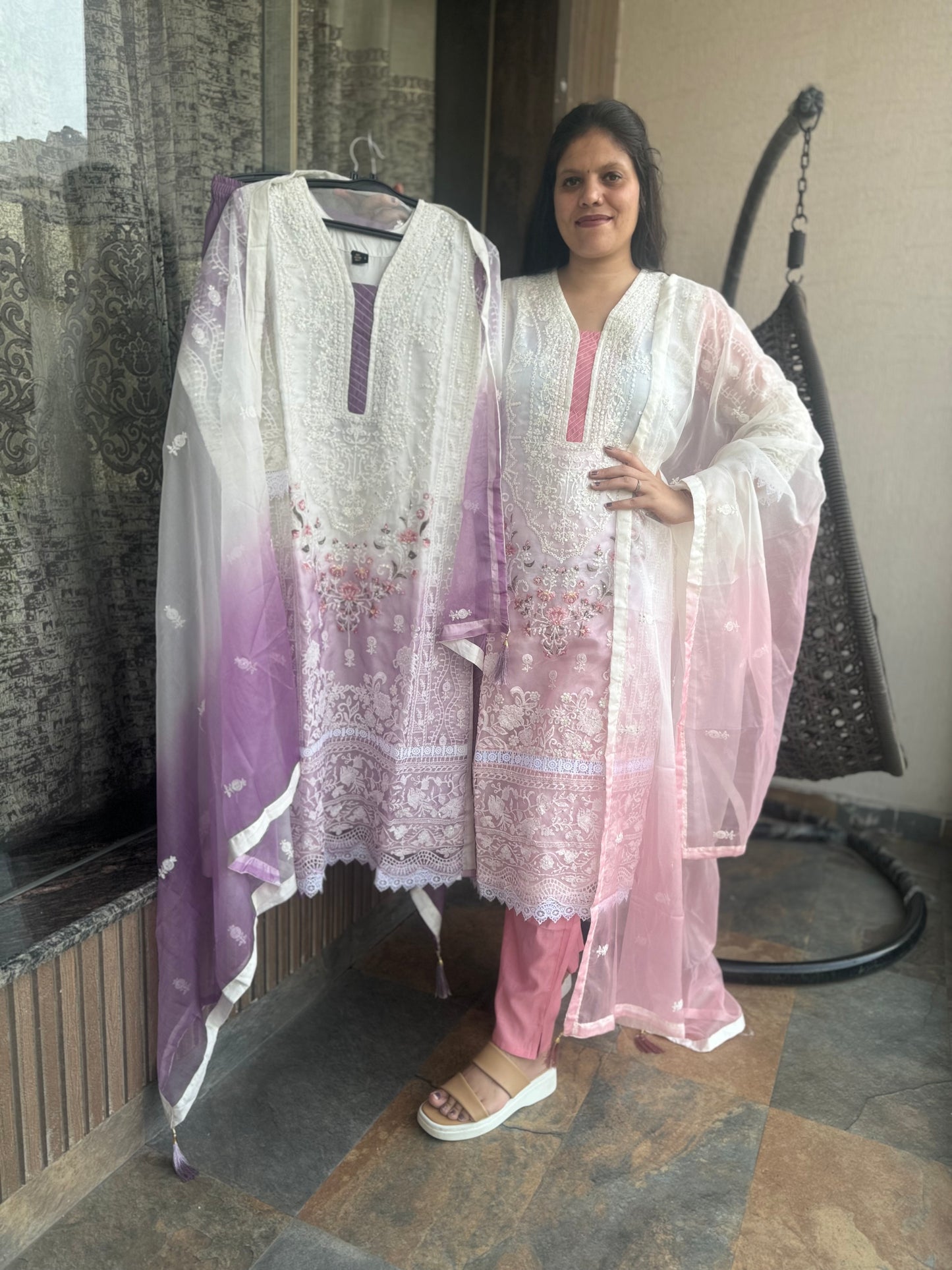 Dual Color Organza Full Work Lakhnavi Suit (Style No 1124)