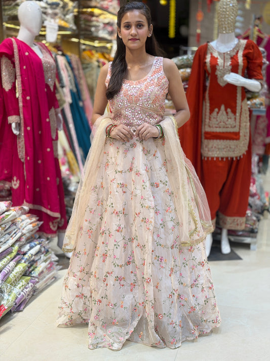 PEACH ORGANZA PEARL WORK WITH EBROIDED LEHENGA