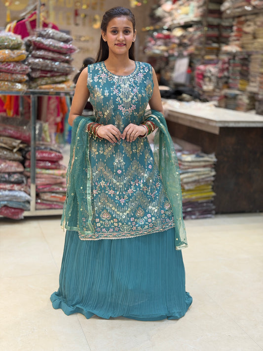 SEA GREEN BEAUTIFUL DESINER LEHENGA WITH STRAIGTH KURTA