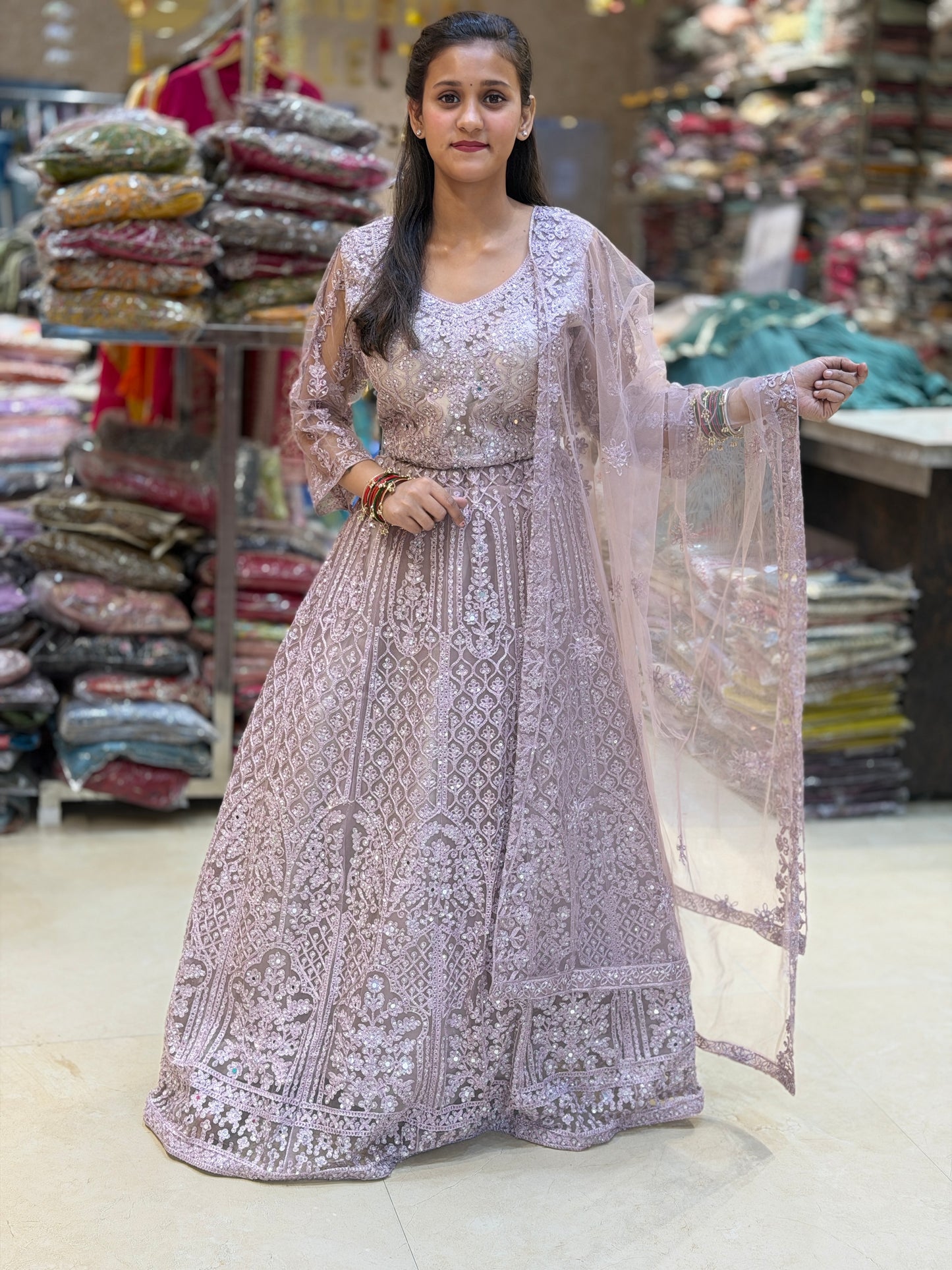 GRAPE WINE NETED PEARL WORK WITH SLEVES FULL FLAIR LEHENGA