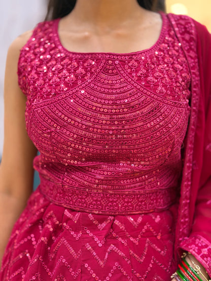 HOT PINK PURE GEORGET FULL FLAIR LEHNGA