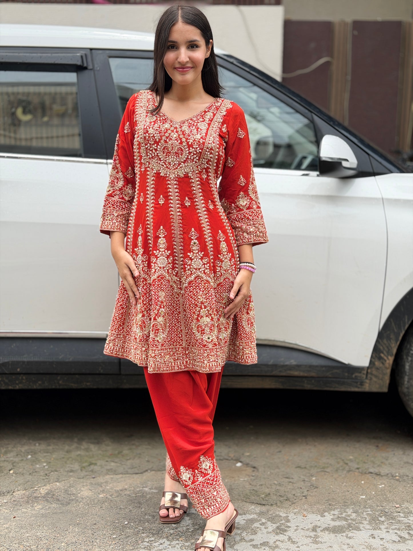 RUST PEARL WORK PEMPLUM DESIGN FARSHI SALWAR SUIT