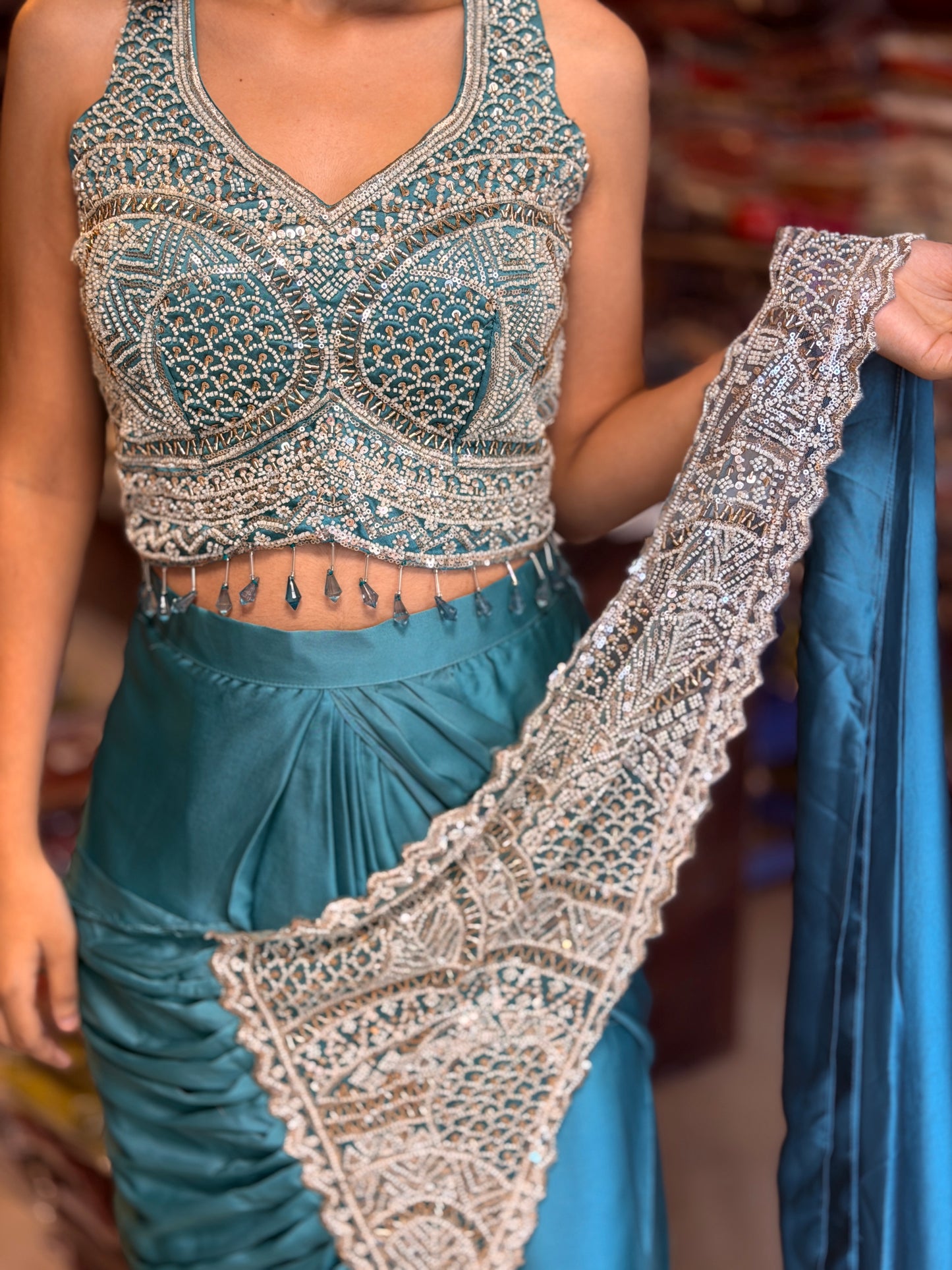 SEA GREEN WHITE PEARL WORK DESIGNER BLAOUSE SAREE