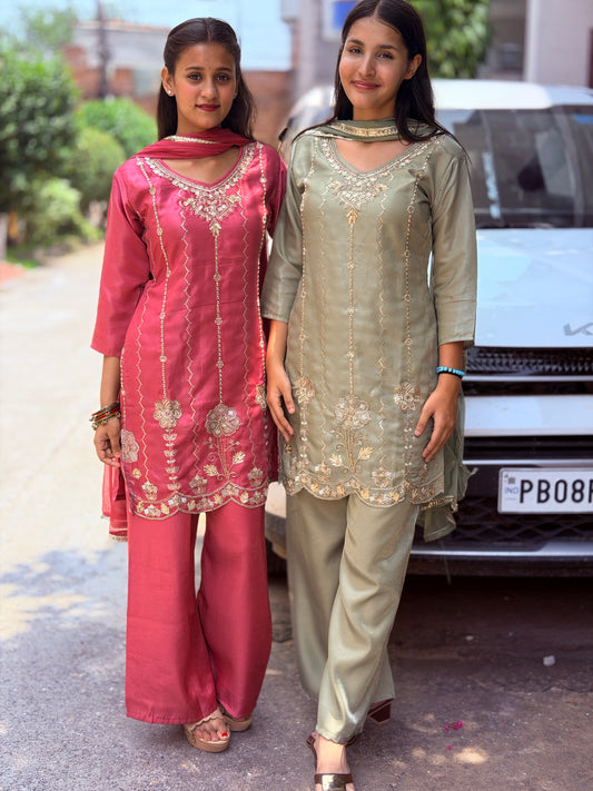 PARTY WEAR RUSHIAN SILK DARK SHADE CORDSET