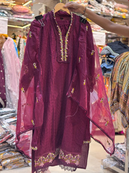 Premium Shifli Chicken Haqooba with Organza Dupatta and Thread Work Straight Suit