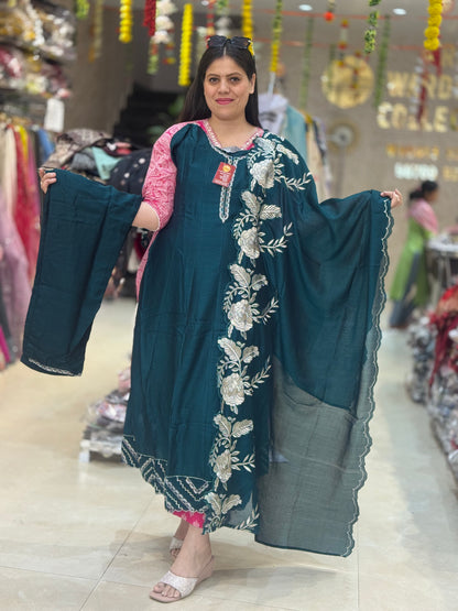 BOTTLE GREEN AND MEHROON PREMIUM CHINON PARTY WEAR ANARKALI