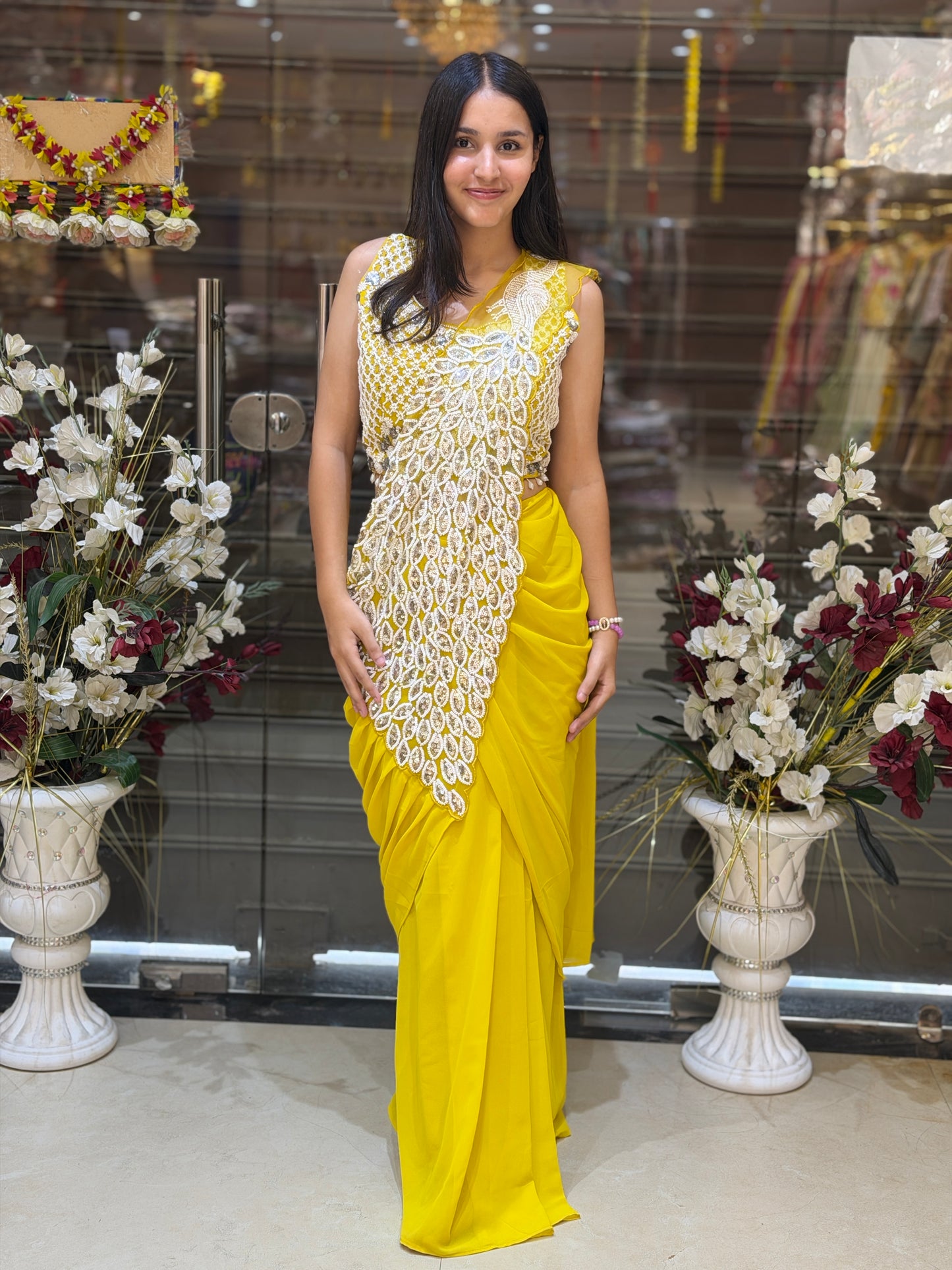 YELLOW PEARL WORK DESIGNER SAREE