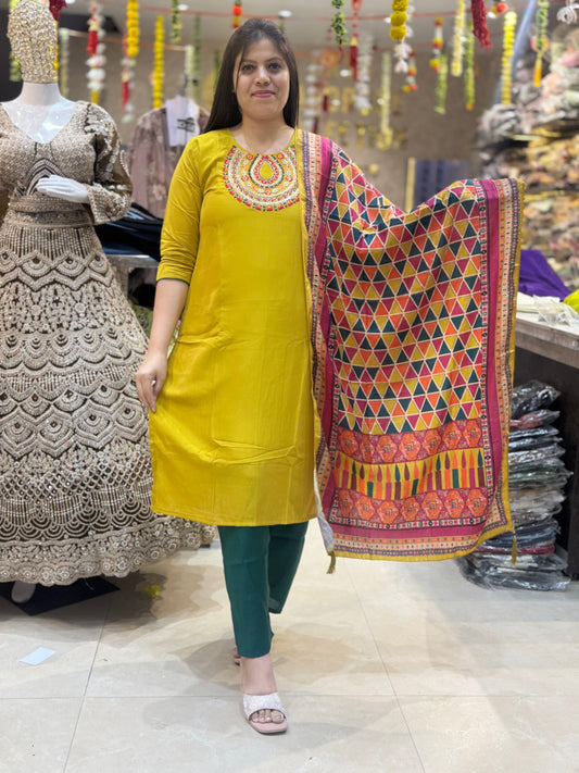 PREMIUM SILK YELLOW GREEN WITH MULTIPLE DUPTTA STRAIGHT SUIT