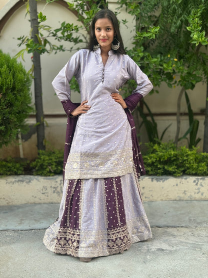 DUAL COLOUR HEAVY CHINON LEHENGA