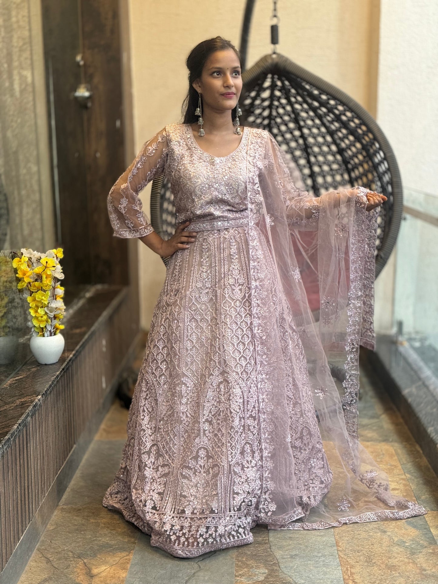 BEAUTIFUL SEQUENCE EMBROIDERY WORK NET LEHENGA