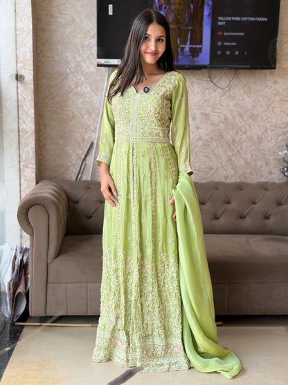 PURE CHINON SILVER SIPPI AND TILLA WORK FRONT CUT ANARKALI