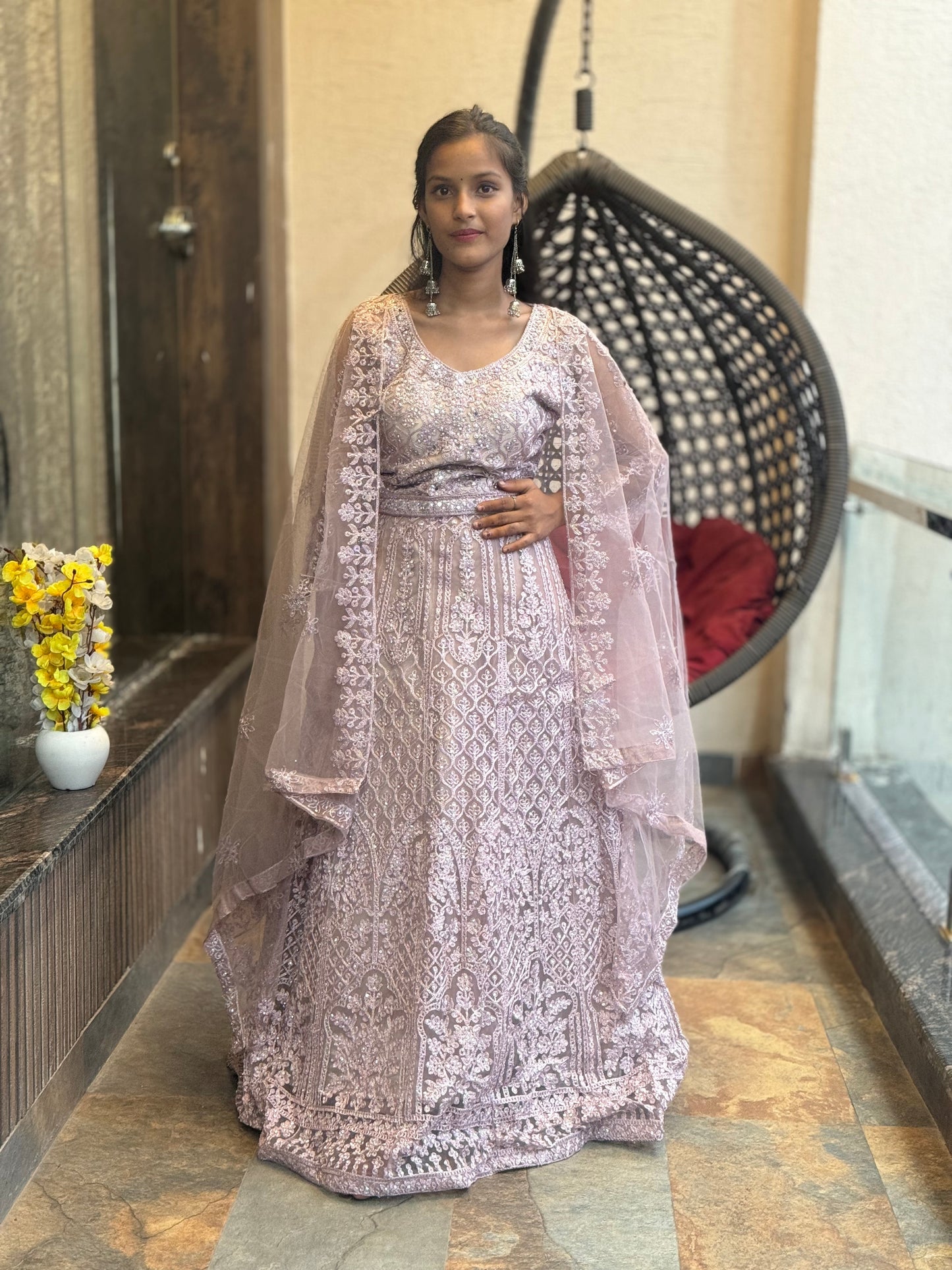BEAUTIFUL SEQUENCE EMBROIDERY WORK NET LEHENGA