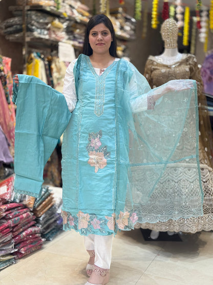 SEA GREEN THREAD EMBROIDED WITH ROMAN SILK BY INDIPEHNAWA